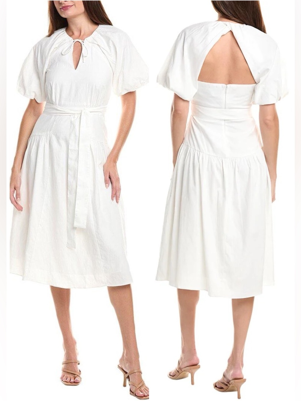 NWT Reiss Alice Cotton Puff Sleeve Midi Dress White Sz 8